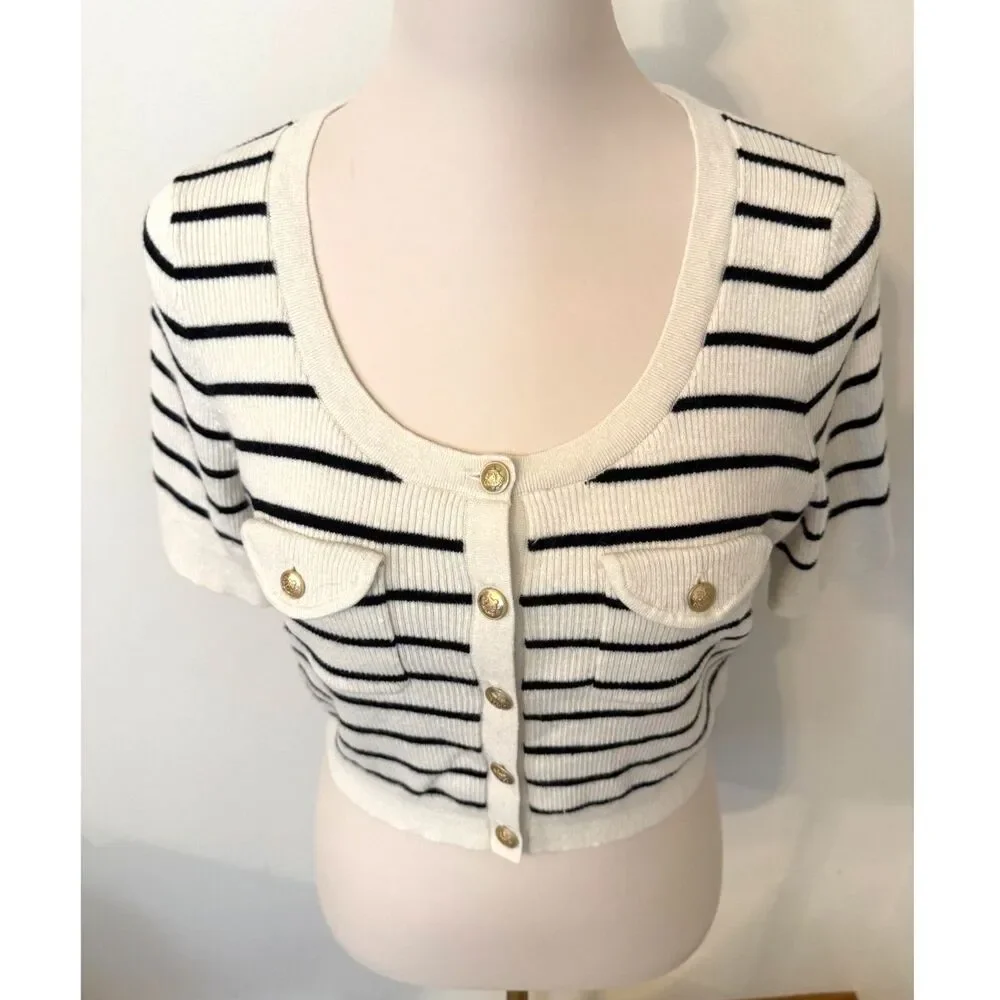 J.Crew Button-Up Sweater Tee Ivory Black Stripe Wool Linen Gold Buttons M